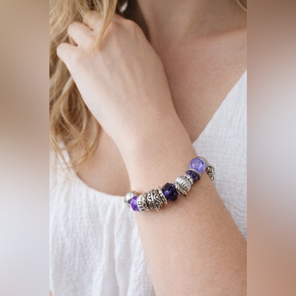 Purple Faux Crystal & Silver Charm Beaded Bracelet